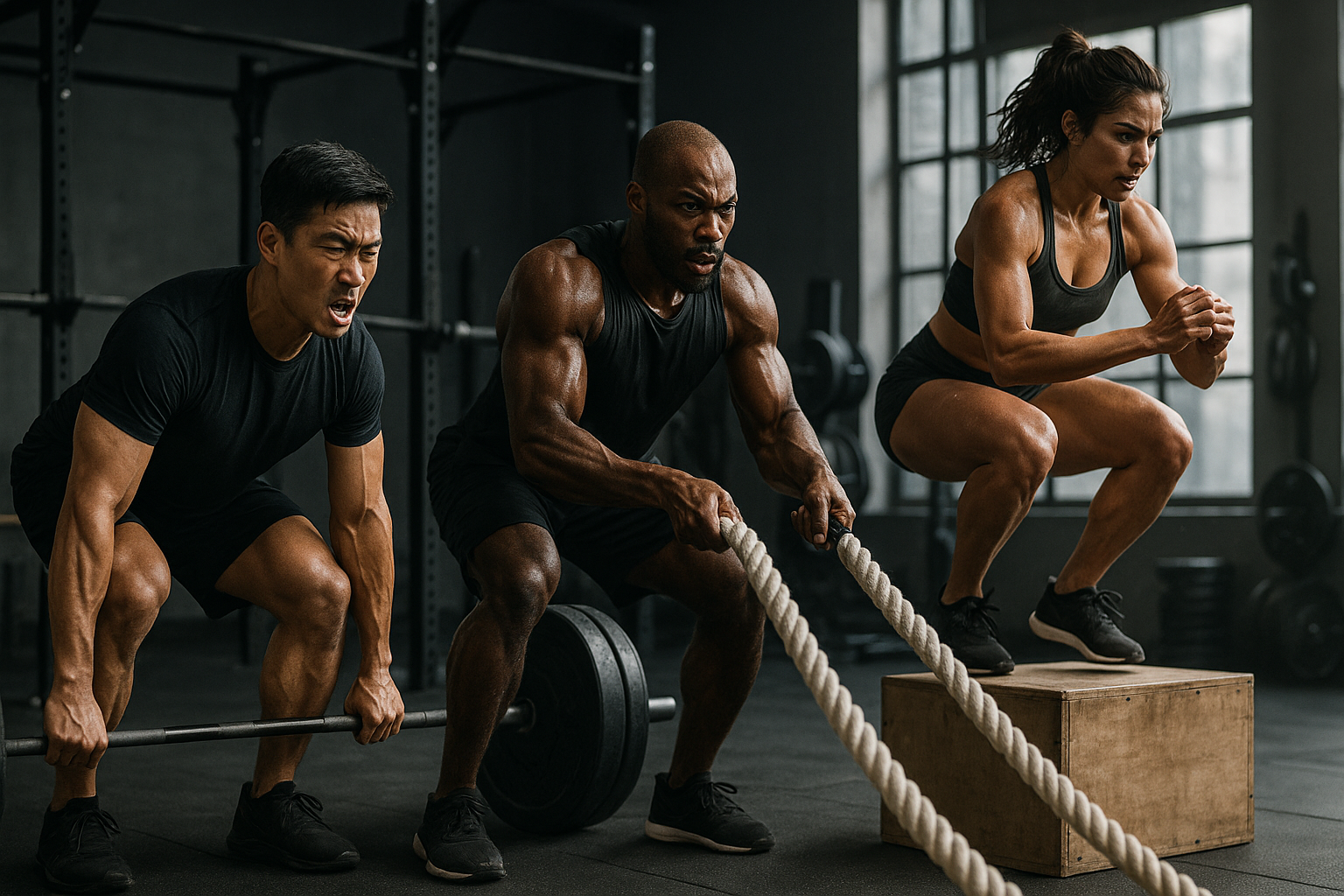 Create and asian man, an african man and a Latina woman working out extreme and make it look real as possible .